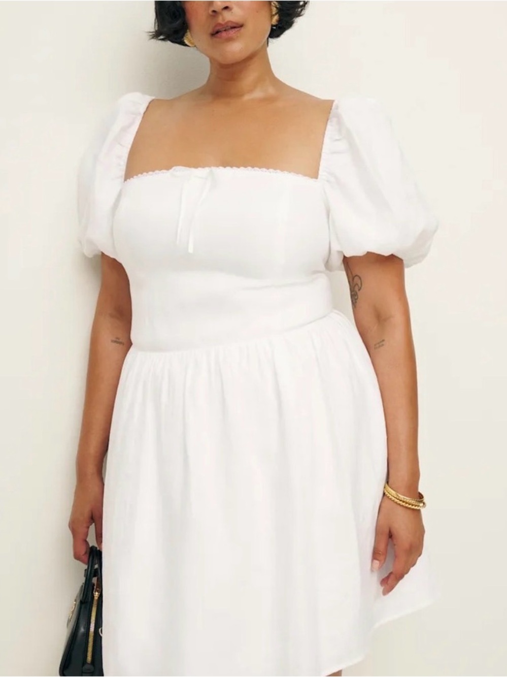 Reformation White Puff-Sleeve Square Neck Mini Dress